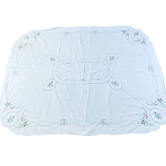 Cross Stitch Tablecloth White Linen Multicolor Flowers 65" x 85" - Picture 1 of 8